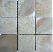 Parquet Mosaic 9,75x9,75 cm Interlock Onyx. Order code: PAM4-03A(Y). The onyx is a white color onyx with pattern of yellow color as shown in the pic. The onyxstone is not molen but instead the edges are made smooth with use of sandpaper. Molen works good on marble material but destroys onyx material.