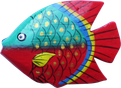 Art. code ZM001. Magnet animal wood fish turquise/red. Size L 7 cm H 6 cm. Price FOB 0,25 usd.