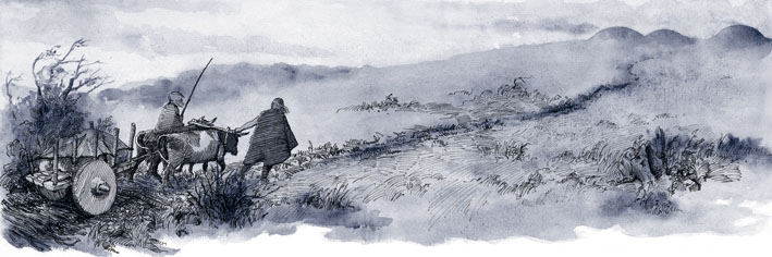 Oksetrukket vogn og gravhøje, Bronzealder – Wagen mit Ochsen und Grabhügeln, Bronzezeit – Oxen-cart and burial mounds, Bronze Age