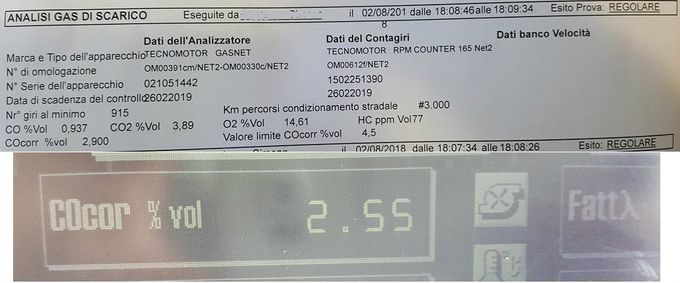 Esiti del test sulle emissioni di scarico. REGOLARE con i complimenti dell'operatore quando ha saputo delle modifiche effettuate.