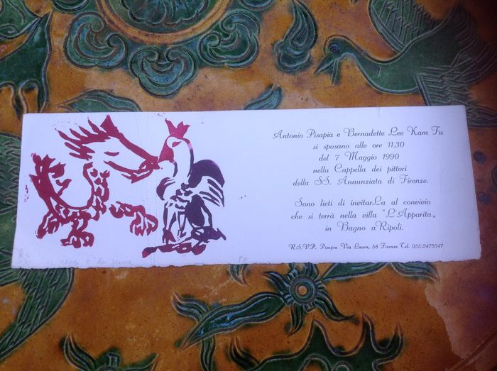 linocut print, the dragon and the phoenix
proofed in limited editions by myself, for my wedding
the dragon and the phoenix motive was to match a dress my mother designed for me: a Chinese traditional dress, with palettes-figures of the dragon on the front, and phoenix at the back
the palettes were of pastel colors, handsewn on white satin as my father warned me: never wear white at a wedding
Cultural symbols and beliefs are always different
So the colored palettes were an illusionist device, to make the white satin not so white, in order to be able to be accepted by the culture of the Church and the culture of my father