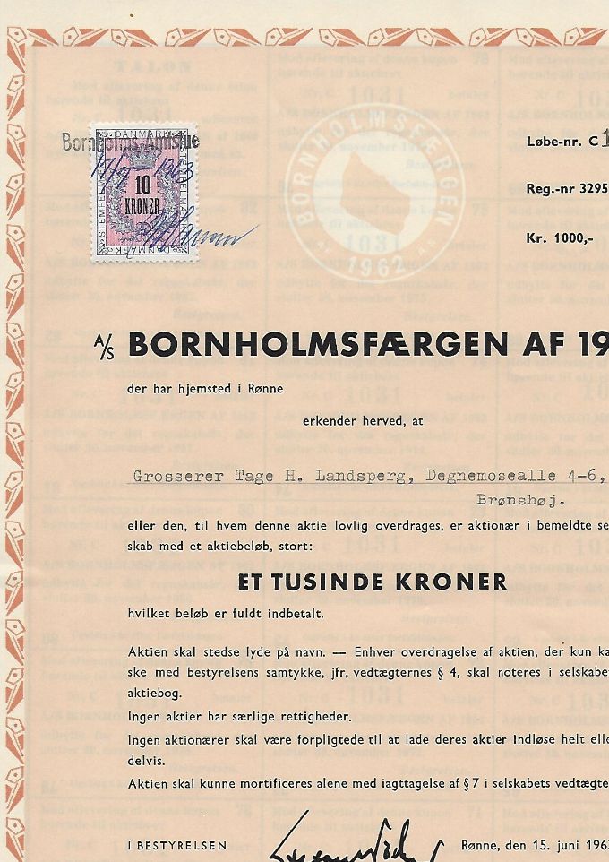 Aktie fra Bornholmsfærgen af 1962