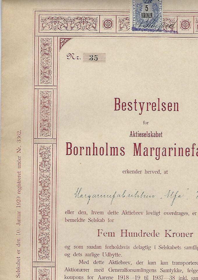 Aktie fra Bornholms Marginefabrik