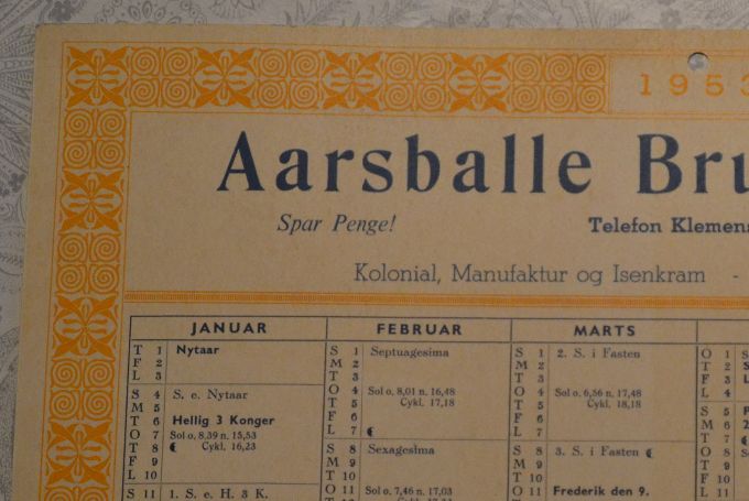 Væg kalender fra Aarsballe Brugsforening 1953