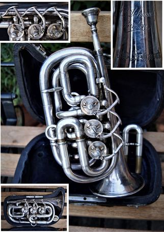 TARV ( Top Action Rotary Valve ) Taschenkornett mit Schnurmechanik in A + Bb Adolf Schmidt Berlin Ende 19. Jahrhundert
