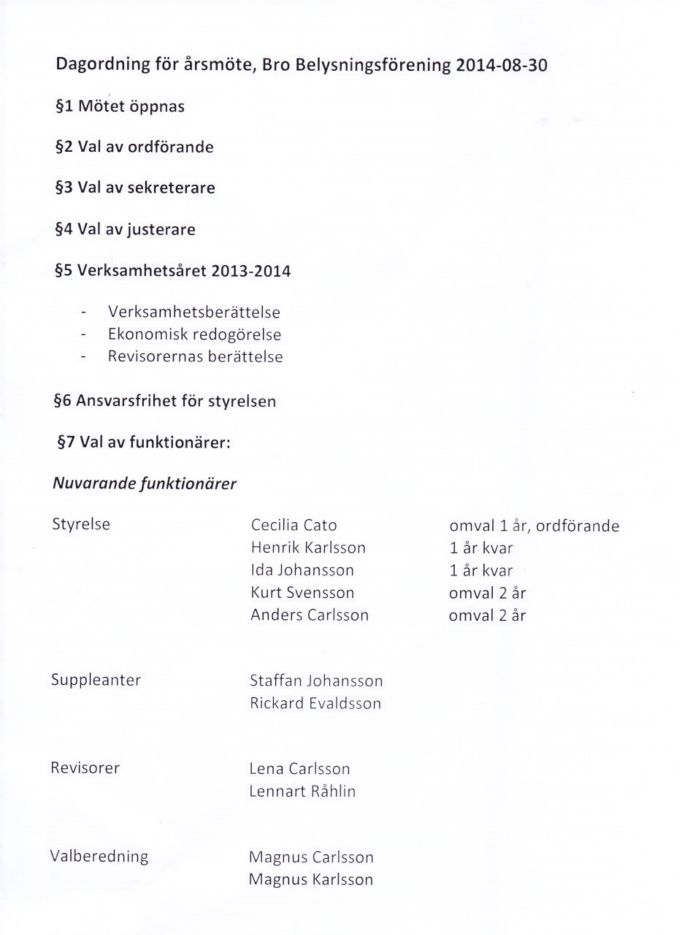 Verksamhetsberättelse för Bro Belysningsförening 2013-2014