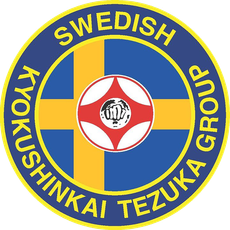 Cirkelformad logotyp för Tezuka Group Sweden, med svenska flaggan som bakgrund och symbolen för kanku med en knytnäve i mitten