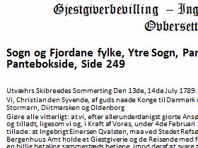Gjestgiverbevilling utstedt i 1789 av Christian VII - oversatt