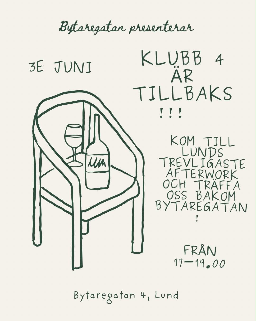 Klubb 4 är tillbaks! Mysigt mingel onsdag 4 juni kl. 17-19.