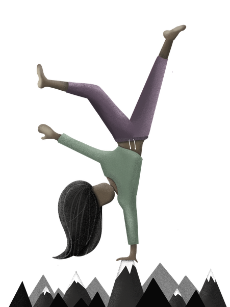 Illusrtation of woman standing up side down on mountains