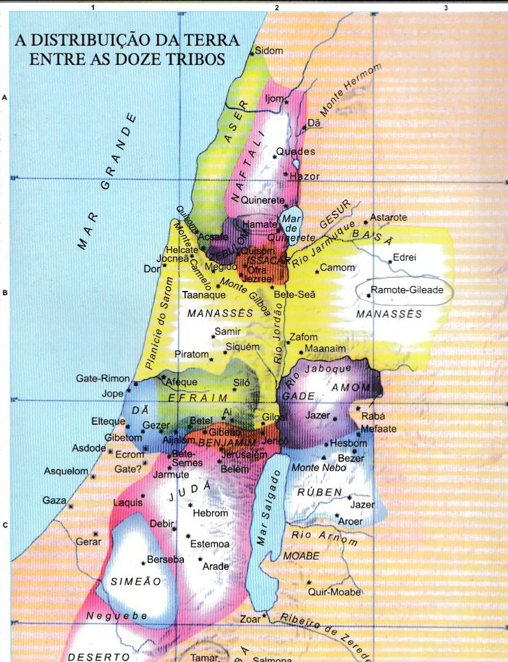 Map of the distribution of the land to the twelve tribes - Ruben, Simeon, Judah, Dan, Naftali, Gade, Asher, Issachar, Zebulun, Ephraim, Manasseh e Benjamin (Joshua 13:14-19:51).