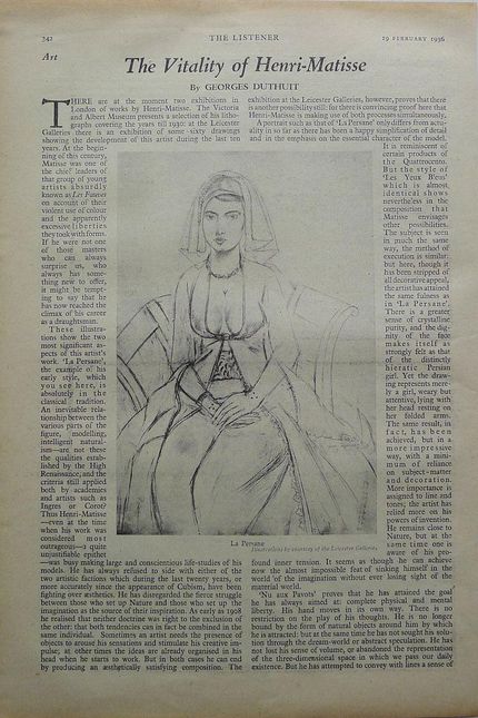 Svärsonen Georges Duthuit lovordar Matisse efter utställningen på Leicester Galleries.