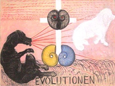 Evolutionen, nr 5. Serie WUS/Sjustjärnan, Grupp VI, 1908. ”…en bild av evolutionskedjan då mänskliga själen har gått så långt ned att den bestjälat djuret och du ska försöka att framställa hela vidden av lidande, som hunden känner då han ej kan tillgodogöra sig sina begär ty fängslad han är…”