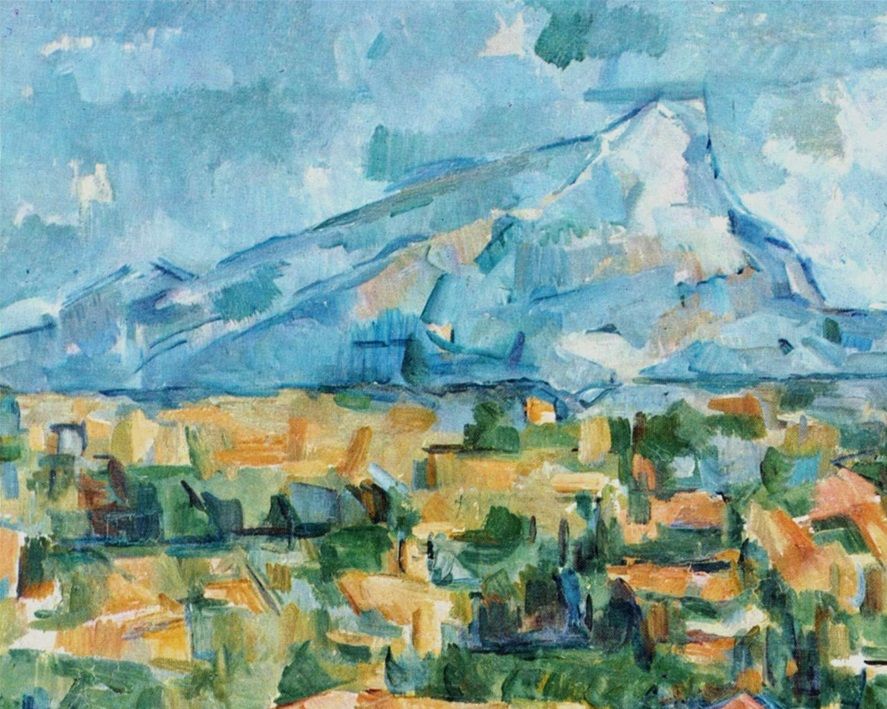 Bilden visar en av de otal målningarna som Cézanne gjorde av berget Montagne Sainte-Victoire i närheten av hans hemstad Aix-en-Provence. Här ser man också det klara sambandet med den kubistiska rörelsen som Picasso startade.
