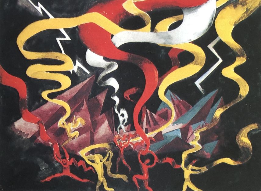 Scenbild för Webers opera ”Oberon”, som gick upp på Stockholmsoperan 1925. Operan var tänk som ett huvudnummer i firandet av Kungliga teaterns (Operans) 150-årsjubileum 1923, men blev av olika anledningar framflyttad till 1926. Scenbilder och kostymer gjordes av Isaac Grünewald mellan åren 1922 och 1925.