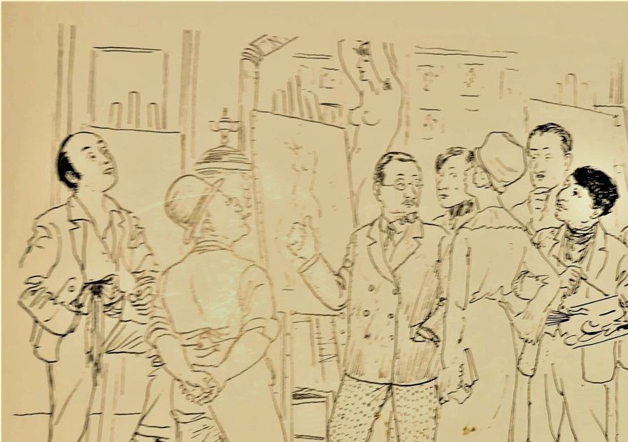 Matisse undervisar sina skandinaviska elever. Flera av Matisses elever var representerade på utställningen på Nationalmuseum 1944. I mitten som ensam kvinna står Sigrid Hjertén och bredvid henne Isaac Grünewald med paletten redo.