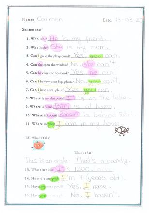 English Homework1, side 2 correction. Open answer. However, remember to use the right person ( noted with color codes).