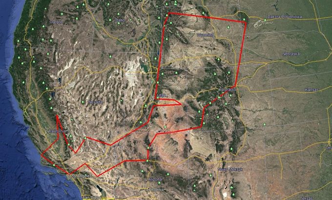 Denver-Custer-Mount Rashmore-Devil Twr-Yellowstone-Grand Teton-Green River-Arches NP-Canyonlands NP-Bryce Canyon NP-Zion NP-Las Vegas-Death Valley NP-Sequoia NP-Yosemite NP-Visalia-Pismo Beach-los Angeles-Barstow-Joshua Tree- Wiliams-Grand Canyon NP-Page-Monument Valley-Black Canyon NP-Denver, jesli ktoś zainteresowany moge przesłac plik klm na google earth :)