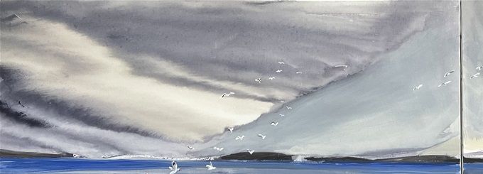Chamiza y sus pajaros,  diptico 60 x 160 cm, tintas y acrilico
