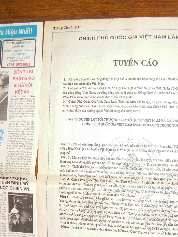Tuyên Cáo c̉ua CPQGVNLT ch̉i có 1 tờ báo 