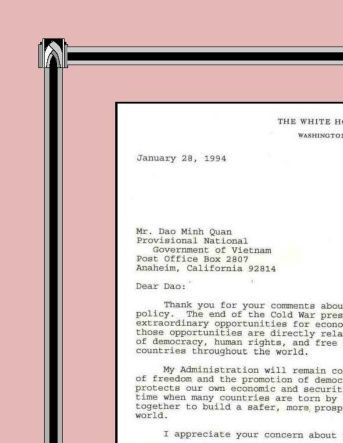 Công hàm đầu tiên do T̉ông Thống Hoa Kỳ Bill Clinton gửi Th̉u Tướng CPQGVNLT Đào Minh Quân ngày 28/01/1994
