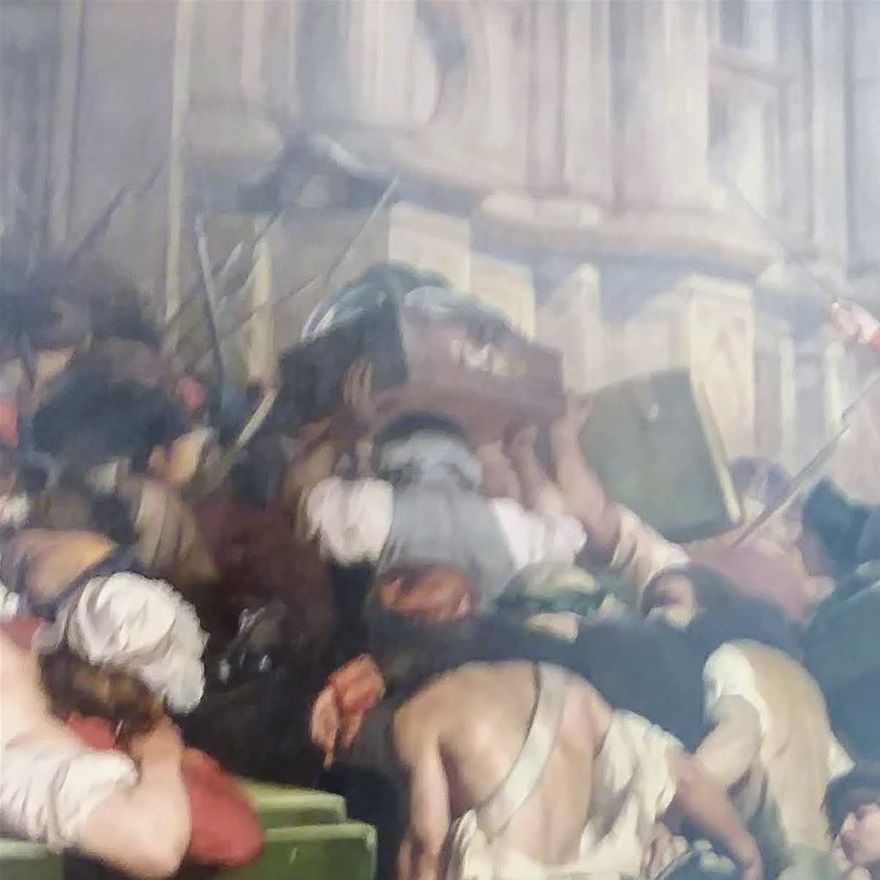This is The Winners of The Bastille in front of the Town Hall and it was painted by Paul Delaroche around 1835. It is being displayed in the Petit Palais Museum.
