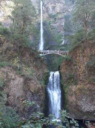 Multnomah Falls is the tallest waterfall in Oregon. As can be seen, it falls 620 feet in two sections with a bridge between the sections. It is also one of the tallest waterfalls in the USA that runs all year. It is in the Columbia River Gorge.  Just take highway 84 east from Portland Oregon through Troutdale and the road signs will clearly lead the way.