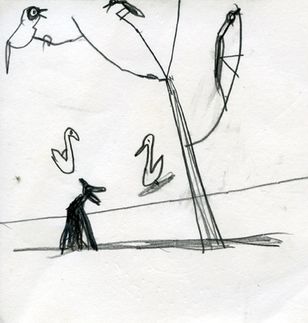 Vid stranden. En hund, tre småfåglar och två svanar. 