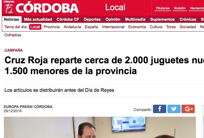 Noticias de prensa referente a la recogida de juguetes por parte de Cruz Roja y que se hará entrega de los mismos en Reyes.