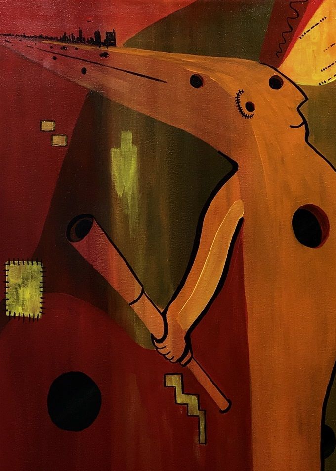 Oquedades.  Milanés 2020.  Acrílico 70x50cm.    El vacío el hombre que pone su mirada en las cosas del mundo, su espíritu y su alma están vacías.  Vendido