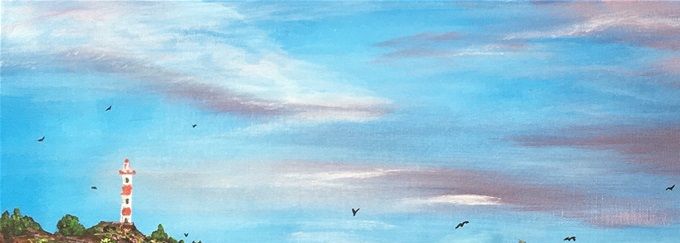 Faro y pescador. Milanés 2022. Acrílico. 30x70cm.
