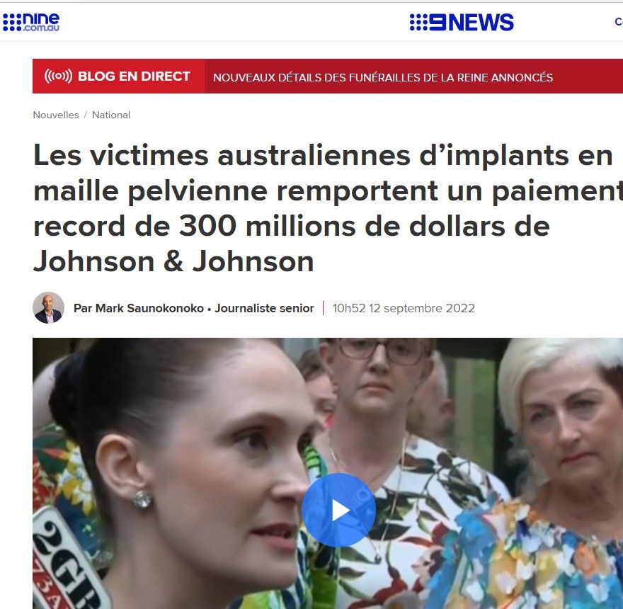 Australian pelvic mesh implant victims win record $300m payout from Johnson & Johnson  By Mark Saunokonoko • Senior Journalist 10:52am Sep 12, 2022