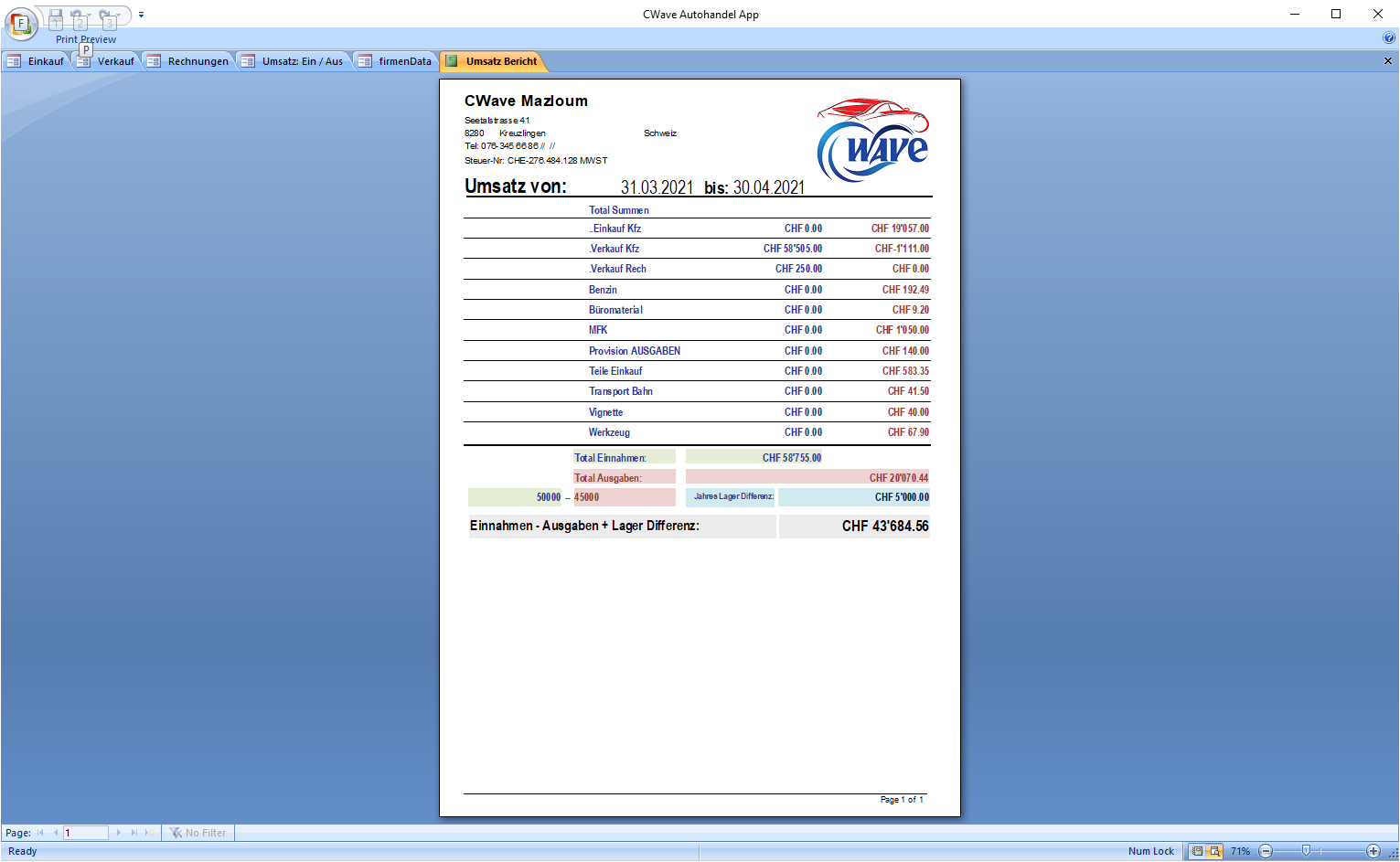 Umsatzbericht von bis