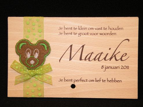 Houten wenskaart geboorte Maaike