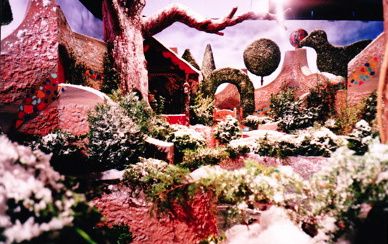 The snowy garden scene

