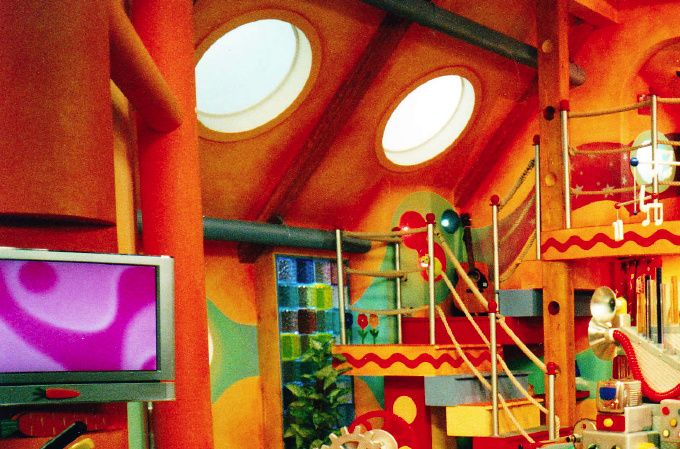 The split level Cbeebies 'Links' set design and Music machine.