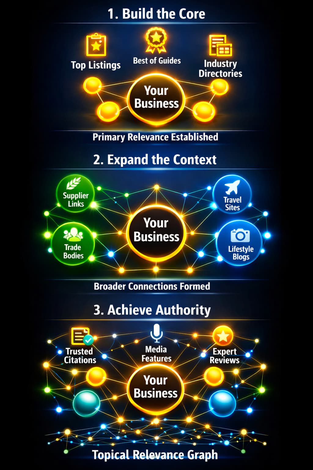 Glowing vertical infographic showing three steps to build a Topical Relevance Graph for AI‑SEO.