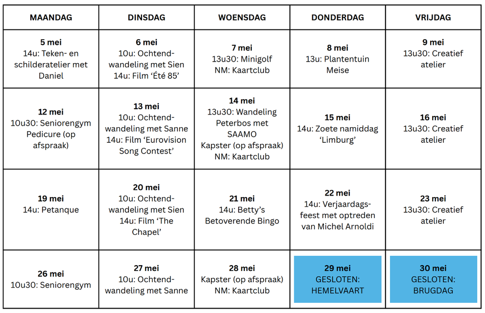 Activiteiten en diensten in april
