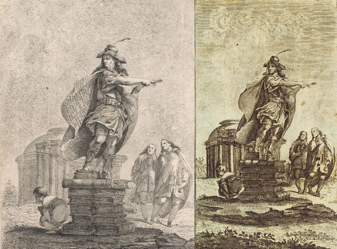 Denckmaal des unsterblichen Autors : links origineel van Rode, rechts kopie van Keller