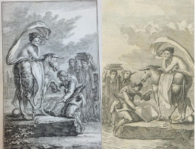 Voor de Nederlandse versie van Rabeners Hekelschriften maakte Simon Fokke prenten (links = spiegelbeeld van Kellers prent rechts)