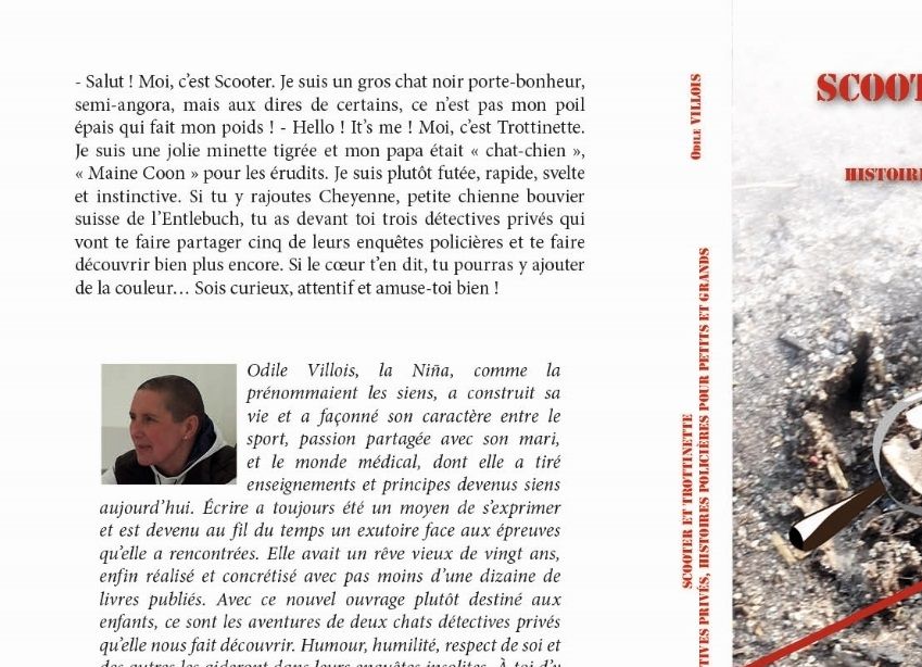 LIVRE POUR ENFANTS à partir de 6 ans

Que les enfants se délectent de ces petites enquêtes policières menées de main de maître par deux chats et une chienne. Bonne lecture et bons coloriages.

Disponible sur EDILIVRE.COM, AMAZON, FNAC, CHAPITRE.COM et chez votre libraire sur commande
Egalement disponible par envoi à domicile (me contacter)