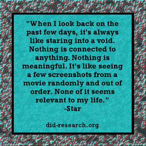 A quote attributed to Star which reads: "When I look back on the past few days, it's always like staring into a void. Nothing is connected to anything. Nothing is meaningful. It's like seeing a few screenshots from a movie randomly and out of order. None of it seems relevant to my life."