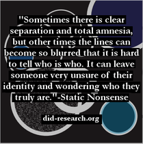 "Sometimes there is clear separation and total amnesia, but other times the lines can become so blurred that it is hard to tell who is who. It can leave someone very unsure of their identity and wondering who they truly are." The text is attributed to Static Nonsense.