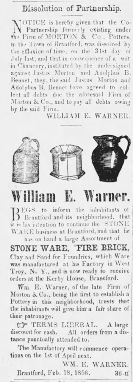 1.	Source: Semi Weekly Expositor Railway Advocate and General Advertiser, Feb 22, 1856, p. 3. Dissolution de la firme Morton & Co le 31 juillet 1855 et non en 1856 comme rapporté à ce jour. Cette association avait cette date d’expiration et Warner est mécontent! Malgré sa prétention de continuer à fabriquer du grès en ce lieu, William E.Warner se retrouve à Toronto fabricant du grès  de 1856 à 1863 (voir Newlands, p. 69).