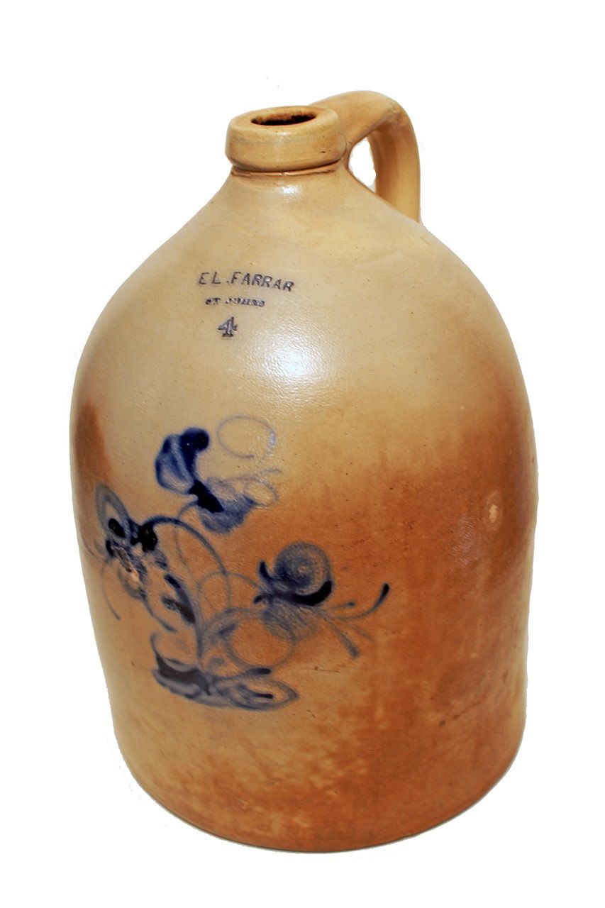 Cruche marquée  E. L. Farrar / St Johns /4. Produit en 1854 ou entre octobre 1855 et avril 1857.