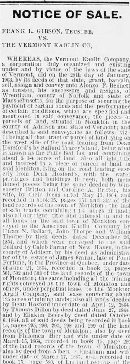 4. Avis de vente touchant la Monkton Argil Co et les Farrar,  tiré du Middlebury Record du 21 avril 1910.