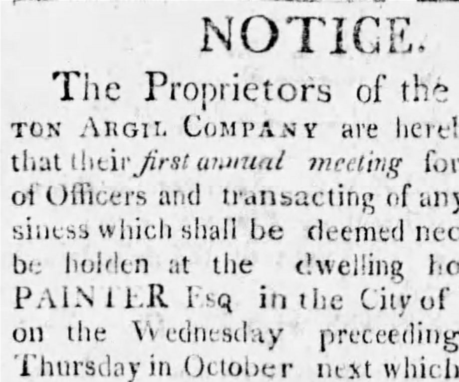 6. On tiendra la première réunion annuelle de la Monkton Argil Co. pour l'élection des directeurs le 2 octobre 1811. The Washingtonian, 9 septembre 1811.
