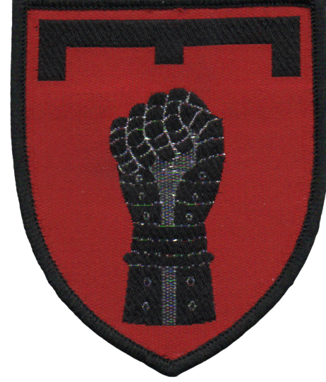 4. PANSERINGENIØRKOMPAGNI
Autoriseret: 
December 1983 	 
Anlagt:
1. Marts 1984	
Motiv:
Oprakt pansernæve hvor over et brosymbol, alt skjoldlagt	
Symbolik:
Brosymbolet er troppetegn for ingeniørtropperne og findes næsten på alle ærmemærker for ingeniørenheder. Pansernæven refererer til gennembrudskraft og styrke.
Skjoldfarven er farven for 1. enhed og symbolisere tillige ildhu og sammenhold, hvilket egentlig er en fejl, henset til kompagniets nummer, hvorfor farven burde være gul. 	
Beskrivelse: 
Et sortkantet højrødt skjold i størrelsen 59x70, en pælstillet sort højre panserhandske med sølvtråd konturer og scharteringer overfor hvilken sort brosymbol.
For OFF/BM er mærket påsyet et sort stofunderlag.
Bæring:
Anlagt på venstre overærme til kampuniform M/84 
Varianter:
Findes i flere varianter. 
Valgsprog:
Indføres først senere 
Fremstilling:
Maskinvævning
