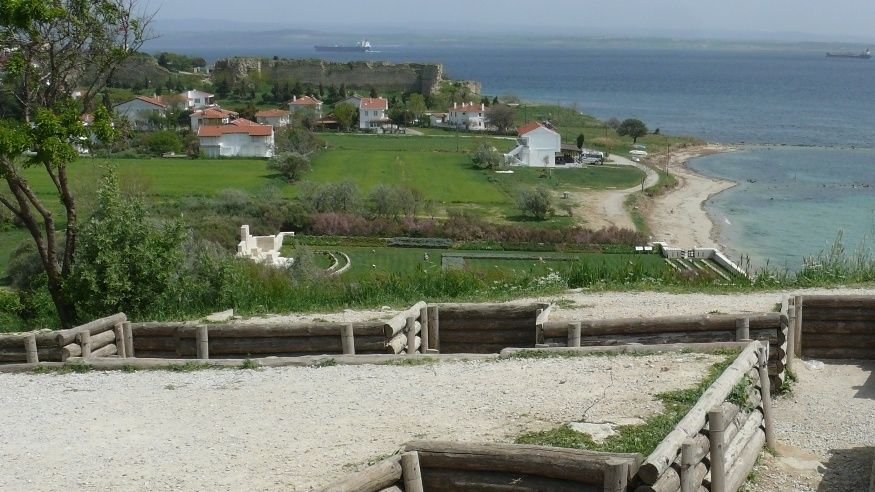 The Turkish defences looking down on 'V' Beach, the British and French landing site.