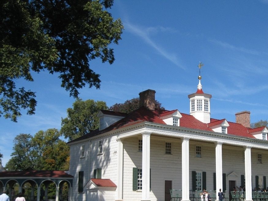 The rear of George Washington's home with views over the Potomac River.